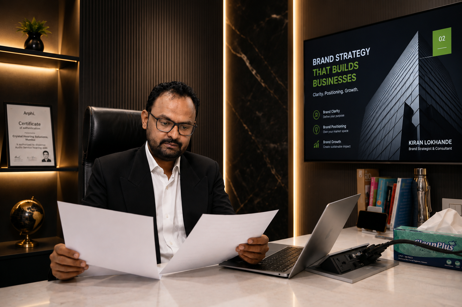 Kiran Lokhande at his desk reviewing brand strategy documents