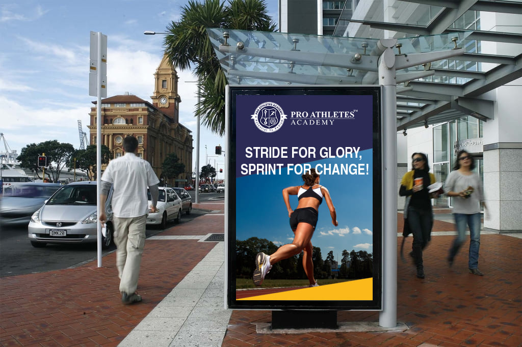 Pro Athletes Academy Stride For Glory campaign poster on a city street